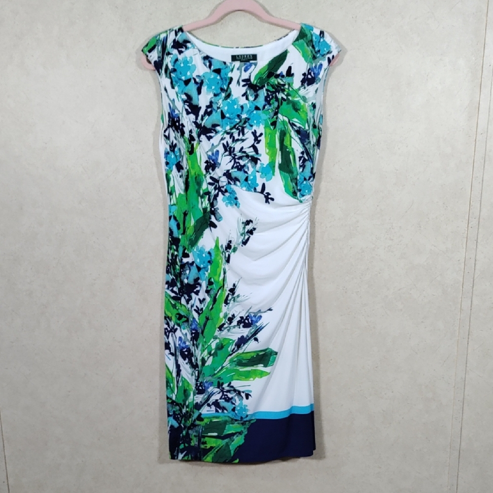 H154 Lauren Ralph Lauren white w/blue & green side ruched knit dress 10